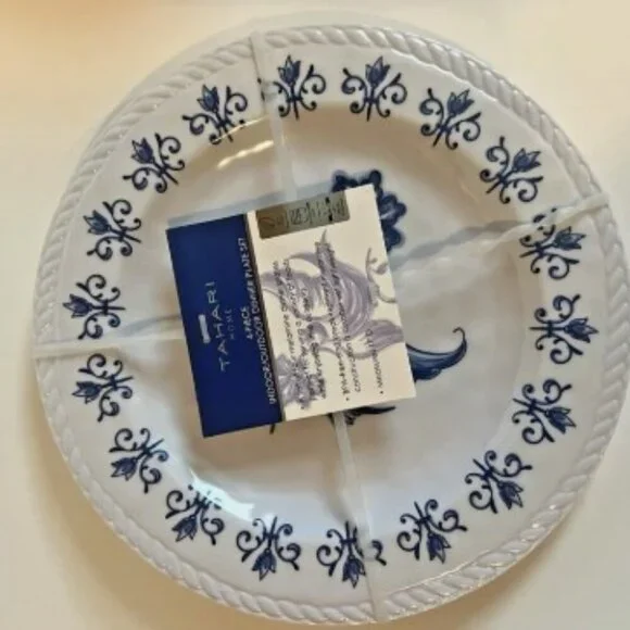NEW Tahari Home Blue & White Set of 4 Floral / Bird Melamine Plates - Picture 2 of 3